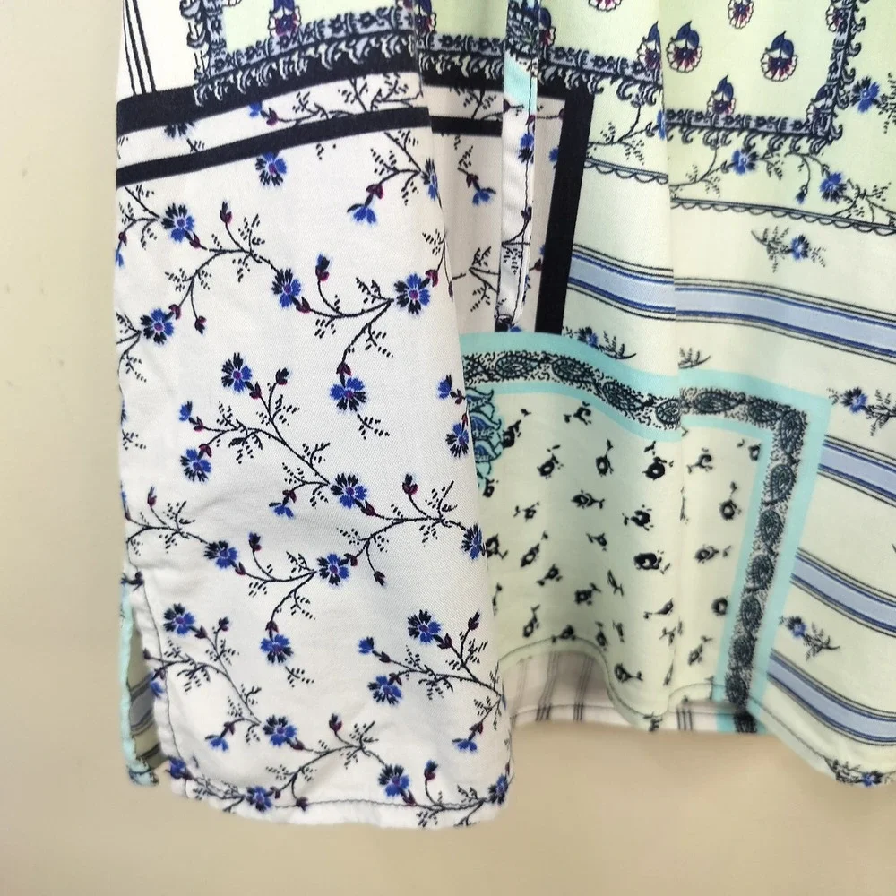 LOFT Patchwork Floral Blouse Womens XS Short Puff Sleeve Cottage Boho Blue